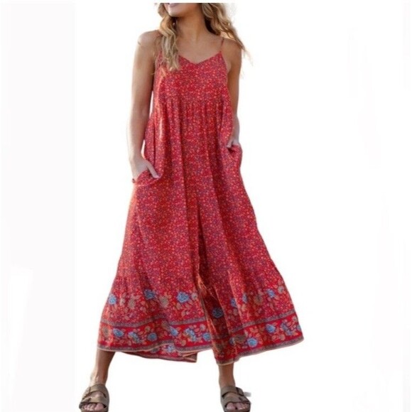 Natural Life Jamie Wide Leg Jumpsuit Women’s Medium Red Blue Floral Summer Boho - Picture 1 of 13